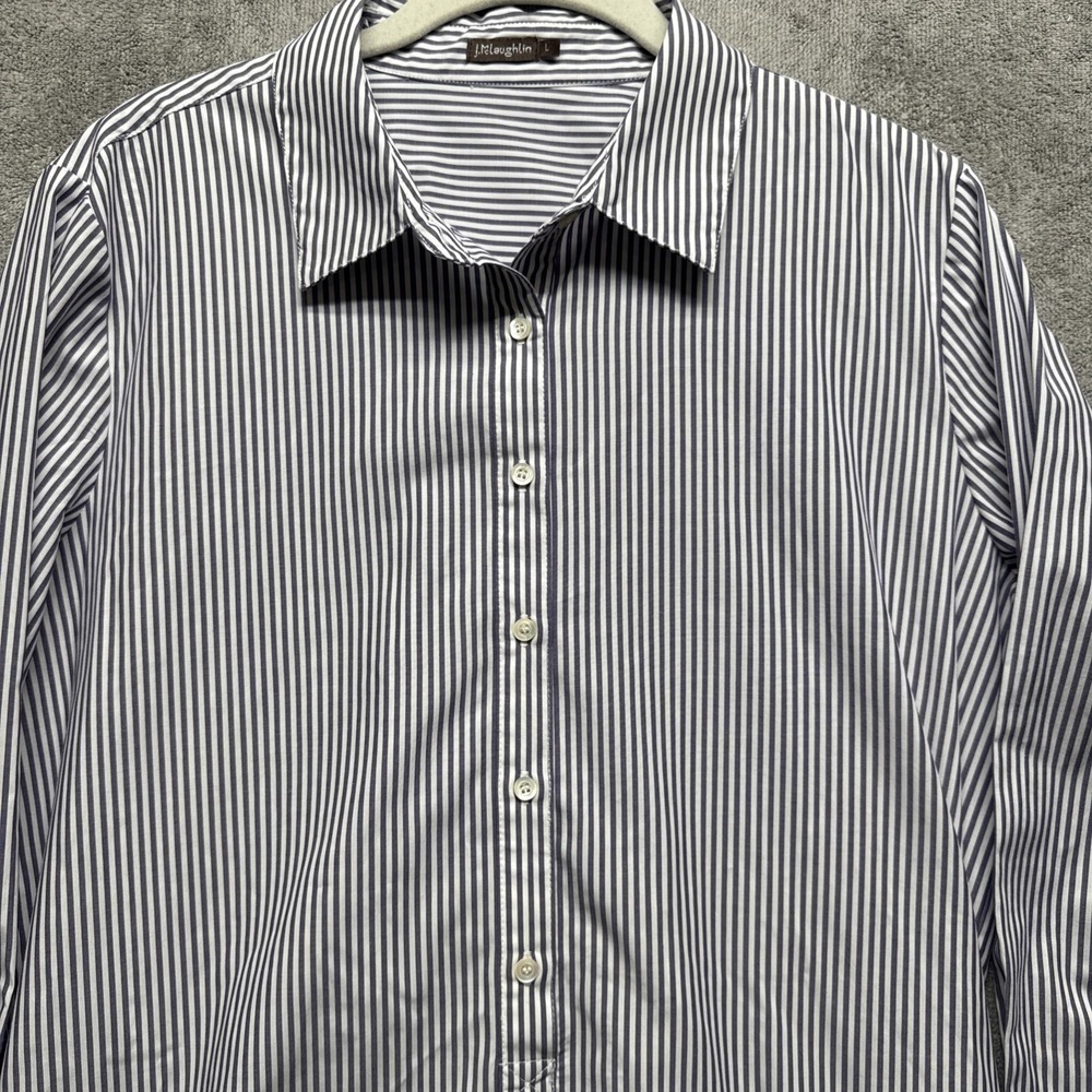 J McLaughlin Shirt Dress L Purple White Striped Button-Up Tunic w/ Pockets